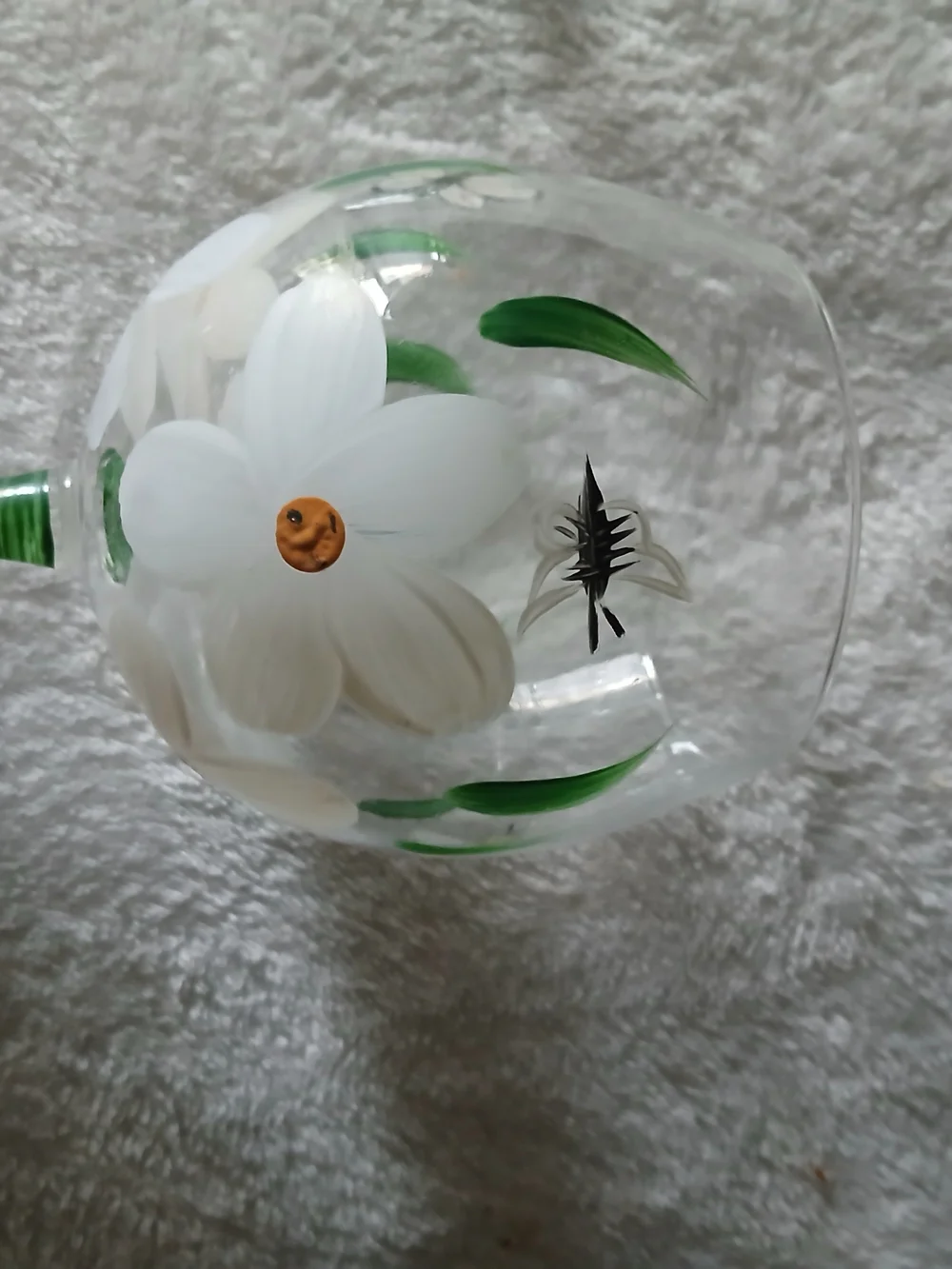 Hand-Painted Wine Glass Stemware - Green Striped Stems, Flowers, Bees, Dragonfly